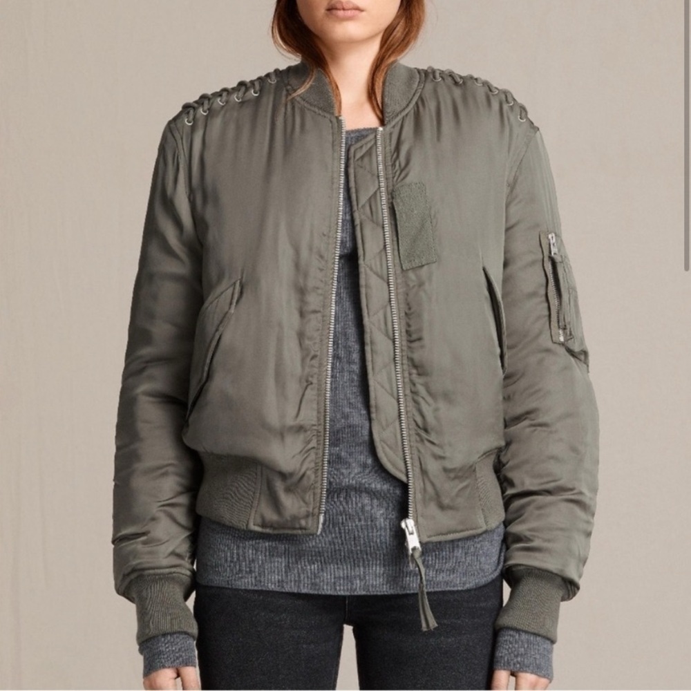 All Saints Bree Laced Bomber Sage